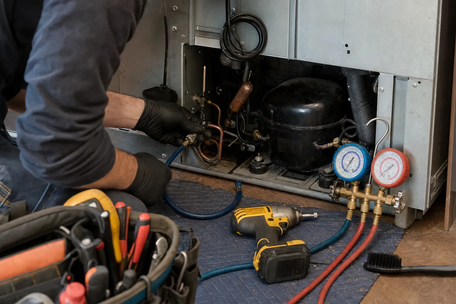 Gloved hands at a refrigerator's sealed system with manifold gauges, tool belt and cordless driver nearby