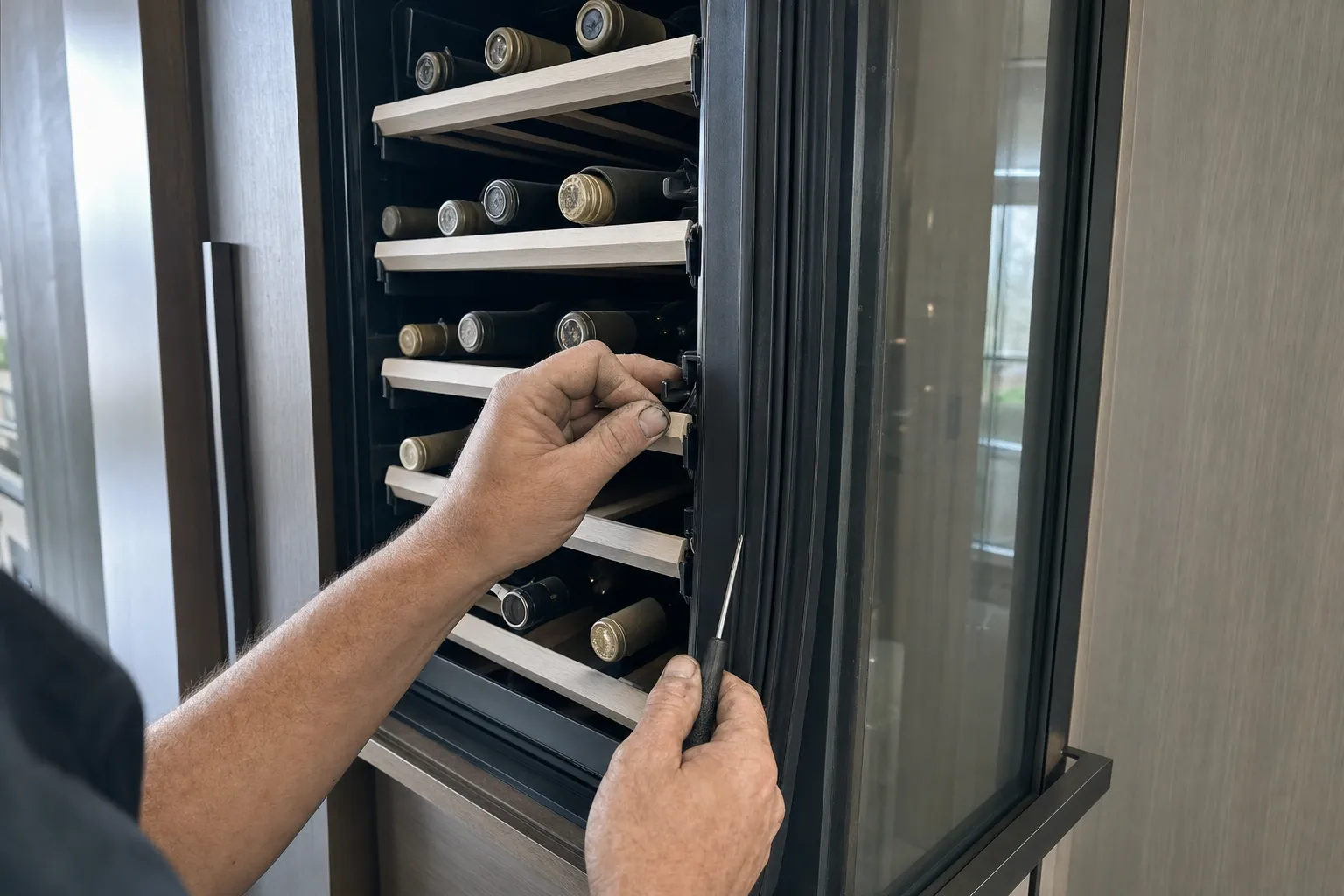 Hand with a small screwdriver at the open glass door of a wine storage column stocked with bottles