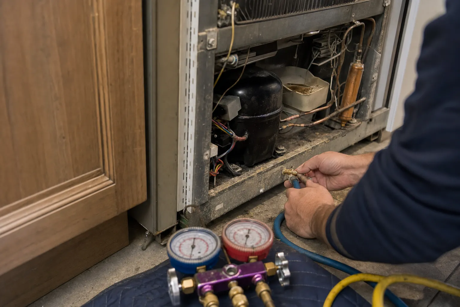Manifold gauges connected to the sealed system at the base of an older refrigerator, compressor in view