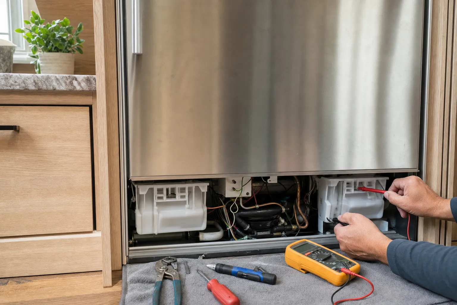 The bottom edge of a stainless door above an open base bay, white housings and a compressor inside, meter probes at work